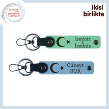 Miaju Komşuya Ince Sürpriz, Ay Yıldız Temalı Isim Yazılı 2’li Anahtarlık Hediyesi, Açık Yeşil-Gök Mavi