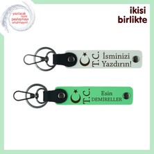 Miaju Kişiye Özel Tasarımıyla Öne Çıkan Ay Yıldız Tc Temalı 2’li Isim Yazılı Anahtarlık Seti, Beyaz-Yeşil