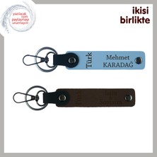 Türk Yazısı Gücüyle Tasarlanan, Kişisel Isimli 2’li Deri Anahtarlık Hediye, Gök Mavi-Kahve