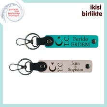 Yeni Evli Gençlere Gurur Veren Hediye – Ay Yıldız Tc Desenli Anahtarlık Takımı, Koyu Turkuaz-Pudra