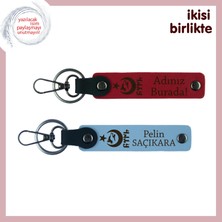 Kişiselleştirilebilen Ayyıldız Kurt Göktürk Deri Anahtarlık Set, 2’li Hatıra Takımı, Kırmızı-Mavi