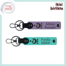 Ayyıldız Kurt Göktürk Deri Anahtarlık, Isim Yazılabilir Vatan Temalı Hediye, Mor Menekşe-Turkuaz