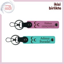 Kalpten Kalbe Giden Hediye – Sevgiliye Üç Hilal Deri Anahtarlık 2'li Set, Pembe-Turkuaz