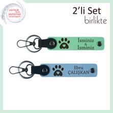 Kedi Sever Arkadaşa Özel Hediyelik, Kalpli Pati Motifli Deri Anahtarlık Seti, Açık Yeşil-Gök Mavi