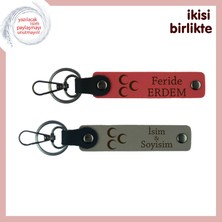 Toruna Hatıra Armağan – Üç Hilal, Kişiye Özel Deri Anahtarlık Seti, Nar Çiçeği-Kül Gri