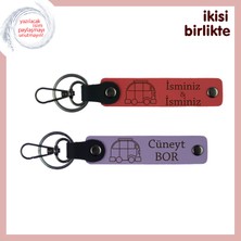 Miaju Doğaya Yolculuk Edenlere, Karavan Figürlü Deri Anahtarlık Set,  Isim Yazılı, Nar Çiçeği-Mor Menekşe