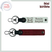 Sevgililer Günü Için Sevimli Patili Sürpriz, Kedili Deri Anahtarlık 2’li, Beyaz-Bordo