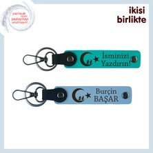 Çiftlere Anlamlı Hediye – Çocuk ve Ayyıldız ve Isimli 2’li Anahtarlık Takımı, Koyu Turkuaz-Mavi