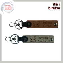 Miaju Minik Pati Detaylı Anahtarlık Seti, Kedili Hediyelik 2’li Takım, Isim Yazılabilir, Açık Kahve-K Gri