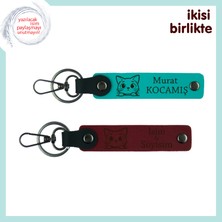 Miaju Birlikte Büyüttüğünüz Kediye Ortak Hatıra, Isim Yazılı Deri Anahtarlık Seti, Koyu Turkuaz-Bordo