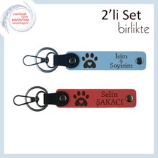 Hayvanları Seven Çiftler Için Tasarlanmış, Pati Kalpli Deri Anahtarlık Seti, Gök Mavi-Nar Çiçeği