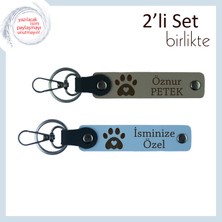 Kedi Sahibi Sevgiliye Verilebilecek Zarif Armağan, Kalpli Pati Motifli Set, Kül Gri-Gök Mavi