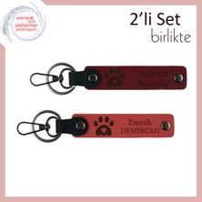 Köpeğiyle Bağ Kurmuş Sevgiliye, Kalpli Pati Motifli Anahtarlık Seti, Isim Yazılabilir, Bordo-Nar