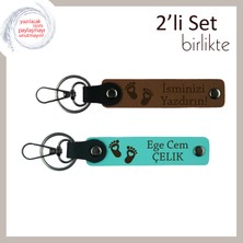 Bebeğin Ilk Hatırası, Kişisel Isim Yazılabilir Kalpli Bebek Ayağı Desenli Set, Açık Kahve-Turkuaz