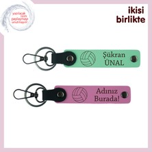 Voleybolcu Sevgiliye Anlamlı Hediyelik, Kişiye Özel Deri Anahtarlık Takımı X2, Açık Yeşil-Pembe