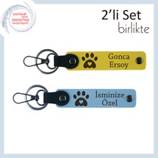 Evcil Hayvanı Olan Arkadaşınıza Kalıcı Hatıra, Kalpli Pati Motifli Deri Anahtarlık Seti, Sarı-G Mavi