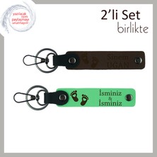 Miaju Yeni Bebeği Olan Kuzeninize Sevimli Hediye, Kalpli Ayak Desenli Isimli Anahtarlık, K Kahve-F Yeşil