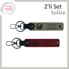 Miaju Çok Özel Hediye, Bozkurt ve Ayyıldız Temalı Isim Yazılabilen 2' Li Anahtarlık Set, Kül Gri-Bordo