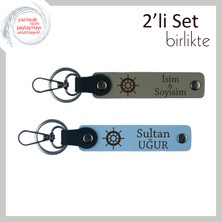 Sevgiliye Her Zaman Yanında Ol Dedirten Armağan, Gemi Figürlü Deri Anahtarlık Seti, Kül Gri-Gök Mavi