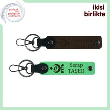 Aileye Hatıra Hediye – Ayyıldız Kurt Göktürk Desenli Isimli Anahtarlık Takımı, Koyu Kahve-Yeşil