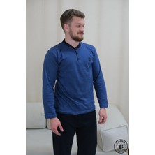 Mavi Düğmeli Uzun Kol Erkek Pijama Takımı