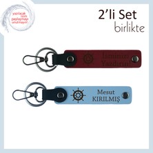 Miaju Rotasını Kaybetmeyenlere, Kişiye Özel Gemi Dümeni Deri Anahtarlık Seti, Bordo-Gök Mavi