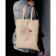 Mon Amour - Mitolojik Cupid Nakışlı Krem Bez Çanta 35X40 cm – Kalın Kanvas Kumaş