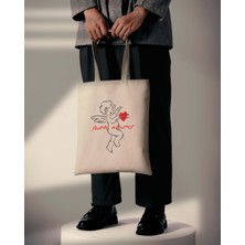 Mon Amour - Mitolojik Cupid Nakışlı Krem Bez Çanta 35X40 cm – Kalın Kanvas Kumaş