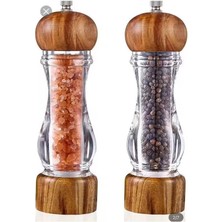 2 Adet Ahşap Kapaklı Bambu ve Akasya Ağacı Şeffaf Akrilik Tuz ve Karabiber Baharat Öğütücü - Doğal Ahşap Tasarımıyla Şık ve Dayanıklı, Ayarlanabilir Seramik Değirmen (Akasya Ağacı, 21 Cm)