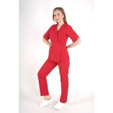 Kırmızı Elegant Model Cerrahi Üniforma Belden Bağlamalı Scrubs Takım