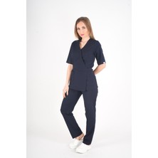 Lacivert Elegant Model Cerrahi Üniforma Belden Bağlamalı Scrubs Takım