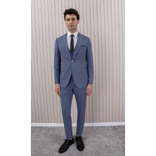 Erkek Likralı Slim Fit Sivri Yaka Yelekli Takım Elbise