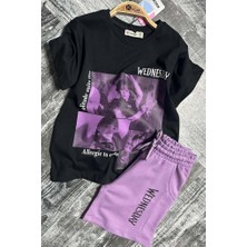 Kız Çocuk Wednesday Baskı Figürlü ve Yazı Baskılı Penye T-Shirt Lila Şortlu Takım