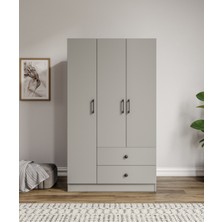 %100 Mdf 3 Kapaklı 2 Çekme 7 Raflı Elbise Dolabı Gardırop Gri-Soft Beyaz Kolay Kurulum Animasyonlu