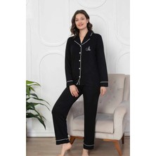 Siyah Önden Düğmeli Bamboo Likralı Pijama Takımı 2782UY