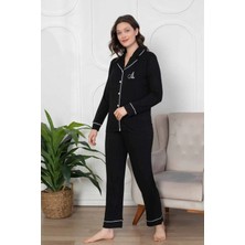 Siyah Önden Düğmeli Bamboo Likralı Pijama Takımı 2782UY