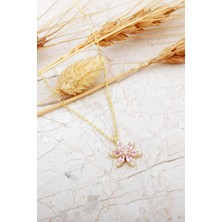 Pembe Taşlı Lotus Çiçeği Altın Kaplama Gümüş Kolye 8087