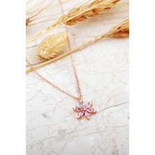 Pembe Taşlı Lotus Çiçeği Rose Kaplama Gümüş Kolye 8088