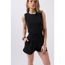 Pileli Yüksek Bel Siyah Şort