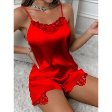 Dantel Detaylı Kırmızı Saten Şortlu Takım