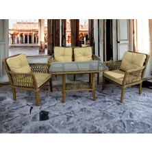 Sümer Rattan Bahçe Balkon Oturma Takımı – 4 Kişilik, Minderli, Metal Gövdeli, Orta Sehpa Dahil