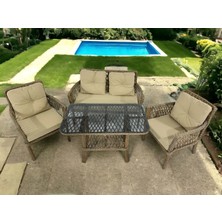 Sümer Rattan Bahçe Balkon Oturma Takımı – 4 Kişilik, Minderli, Metal Gövdeli, Orta Sehpa Dahil