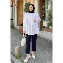 Bel Bağlamalı Omuz Vatkalı Gömlek Beyaz