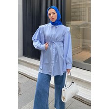 Lamelif Bel Bağlamalı Omuz Vatkalı Gömlek Bebe Mavisi Pamuk Polyester Düz Desenli Uzun Kol Kadın
