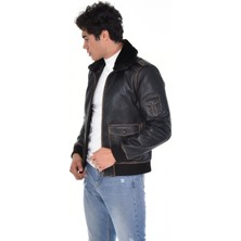 Deri Work Hakiki Deri Kürk Yaka Siyah Erkek Deri Mont Eskitme Desenli Kol ve Belden Manşetli Deri Ceket