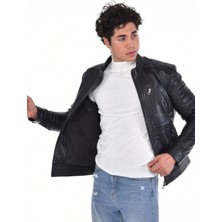 Deri Work Hakiki Deri Siyah Erkek Deri Mont Düz Çizgi Desenli Üç Cepli Deri Ceket