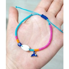 Funny Takı Deniz Kabuğu  Denizkızı Kuyruğu  Nazar ve Pembe Turuncu Mavi Çek Cam Boncuklu Bileklik