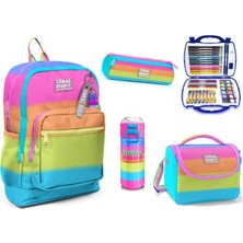 Coral High Kids Renkli Çizgili Çelik Termoslu Kız Çocuk Ilkokul Çanta Seti- 5 Parçalı Set