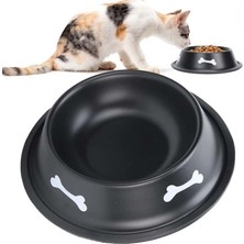 Paras Ticaret Hayvanlar için Çelik Kaydırmaz Büyük Boy Su Mama vb. Kabı Kedi Köpek Su Mama Kabı Kemik Baskılı Siyah (Alt Taban: 21,9 Cm)