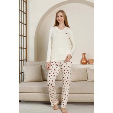 Mantar Desenli Kadın Pijama Takımı - Ekru V Yaka Likralı Viskon Uzun Kollu 2847UY